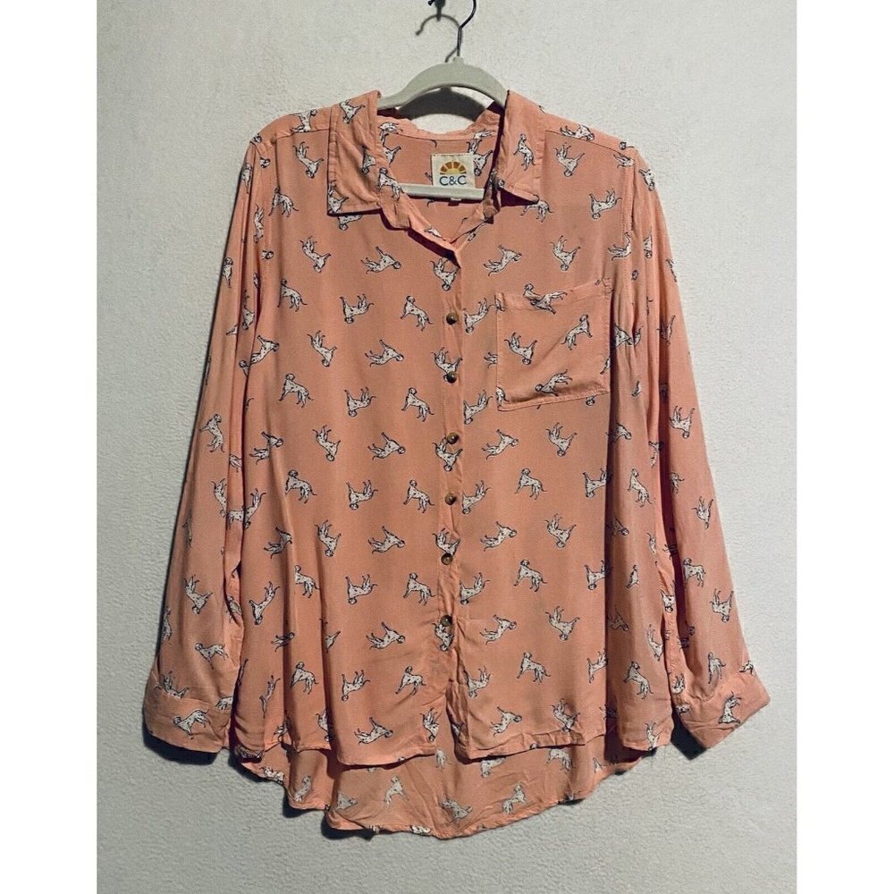 C and C California Top Womens Large Pink Dalmatian Dog Print Button Up Boho